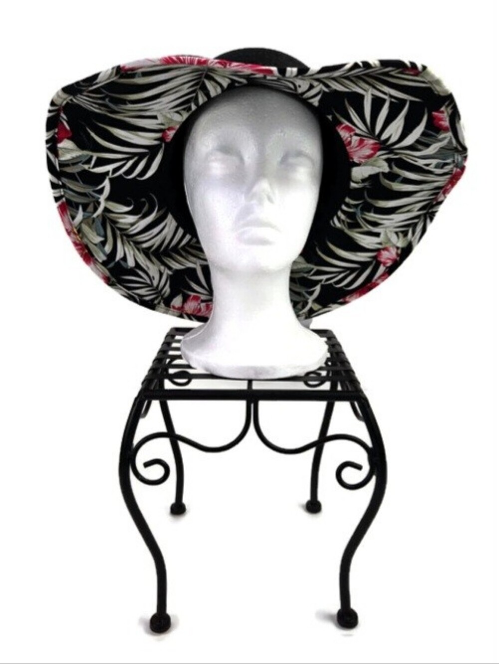 K Accessories Black Tropical Floral Print Wide Brim Floppy Sun Hat Womens OSFM - Picture 2 of 8